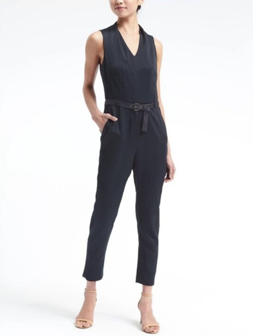 Banana Republic Black Sleeveless V-Neck Belted Jumpsuit